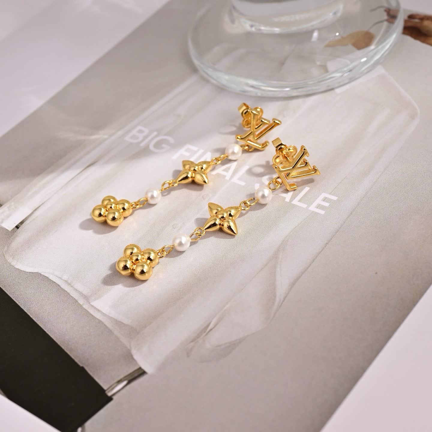 Louis Vuitton Gold Letter and Flower Tree Pearl Earrings